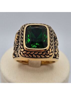 Stainless Steel Gold-Tone Dragon Green Stone Men Ring Size 9